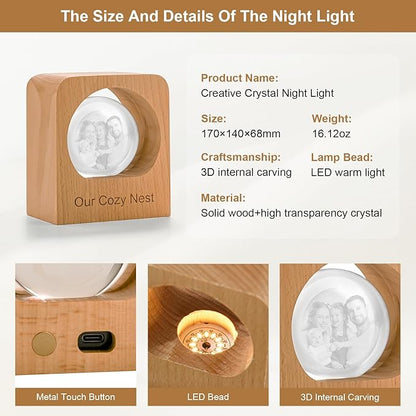 Custom 3D Crystal Photo Night Light Personalized Photo Crystal Ball Engraved Picture Lamp with Wood Base Memorial Gift for Pets Family Couple Birthday Valentine's Day (Style 3)