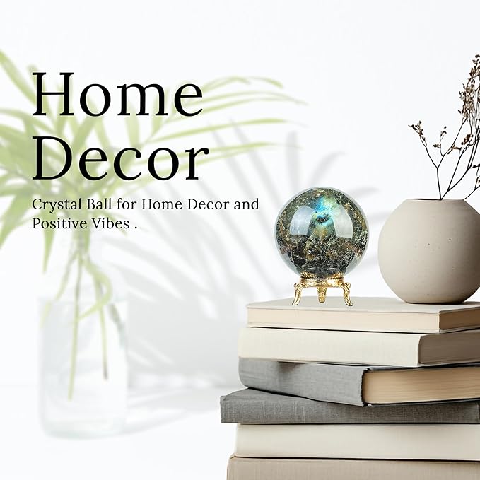 Crocon 50mm Labradorite Stone Sphere Ball with Metal Stand 1400+ Carats Gemstone Ball Healing Sphere Sculpture Figurine for Fengshui Divination Home Decoration Photography Crystal Sphere