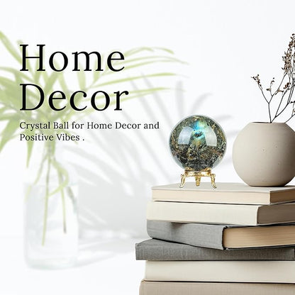 Crocon 50mm Labradorite Stone Sphere Ball with Metal Stand 1400+ Carats Gemstone Ball Healing Sphere Sculpture Figurine for Fengshui Divination Home Decoration Photography Crystal Sphere