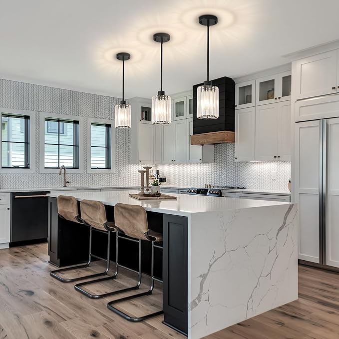 Black Pendant Light Fixtures, 3 Pack Crystal Kitchen Pendant Lighting Over Island, 1-Light Mini Modern Pendant Lights for Kitchen Island, Dining Room, Hallway, Foyer, Entryways