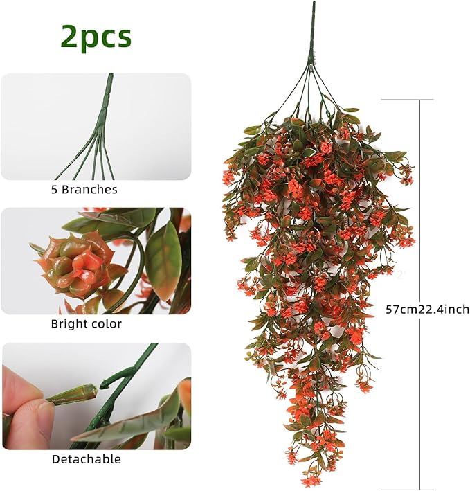RECUTMS 2Pcs Fake Fall Plastic Outdoor Flowers Artificial Fall Hanging Plants Faux Greenery Vine Plant for Indoor Room Front Door Garden Porch Patio Wedding Party Decorations (Autumn Red)