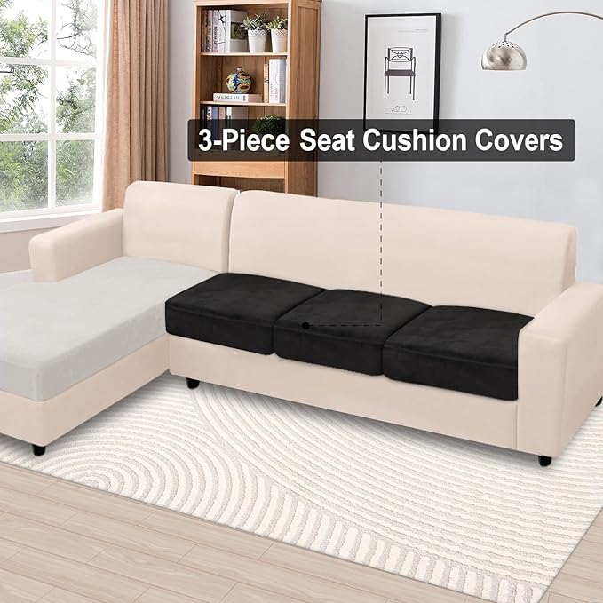 NAISI Couch Cushion Covers 3 Pieces Velvet Stretch Sofa Seat Covers or Backrest Covers Soft Individual Couch Covers for Sectional Sofa(3 Pcs for 3-Seat Cushion,Black)