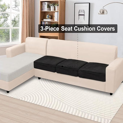 NAISI Couch Cushion Covers 3 Pieces Velvet Stretch Sofa Seat Covers or Backrest Covers Soft Individual Couch Covers for Sectional Sofa(3 Pcs for 3-Seat Cushion,Black)