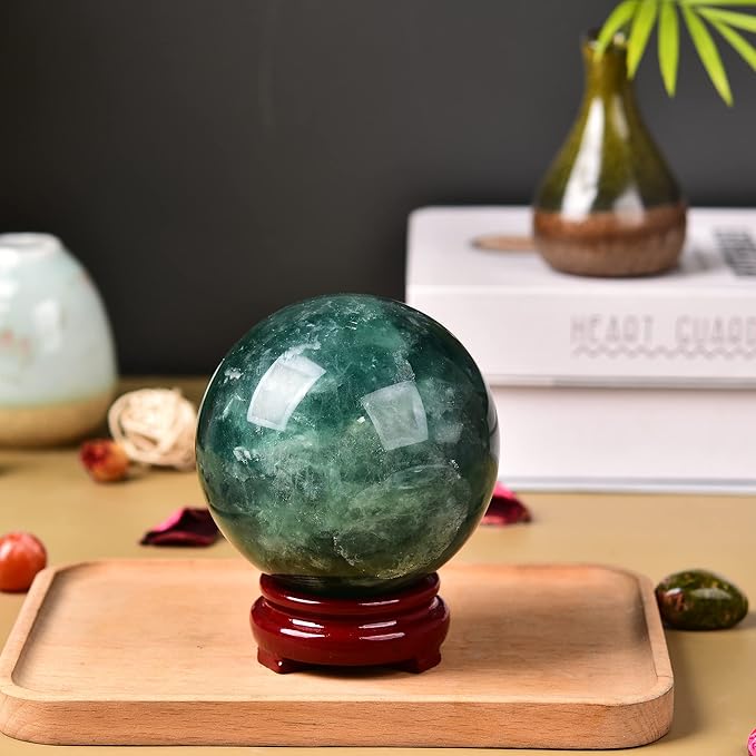 JIC Gem Small Natural Fluorite Crystal Ball Green Purple Quartz Healing Gemstone Sphere with Decorative Wooden Stand for Meditation,Home Decoration Christmas Day Gifts (60-70mm)