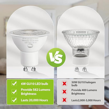 6-Pack GU10 LED Bulbs 6W (50W Equivalent), Dimmable 4000K Cool White, 580LM, Perfect for Track & Recessed Lighting, Kitchen, Display Case