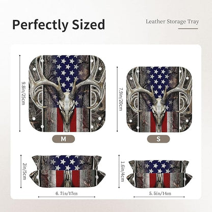 Valet Tray for Men Husband Boyfriend – Catchall Bedside Vanity Tray, Nightstand Caddy Leather Holder for Keys, Phone, Wallet, Coins, Trinkets & Jewelry Deer Skull Camo American Flag 022