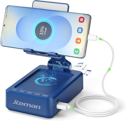 JTEMAN Cell Phone Stand with Bluetooth Speaker,HD Sound Adjustable Phone Holder,Birthday Gifts for Men Women, Cool Tech Kitchen Gadgets for Most Phones and Tablets-Blue