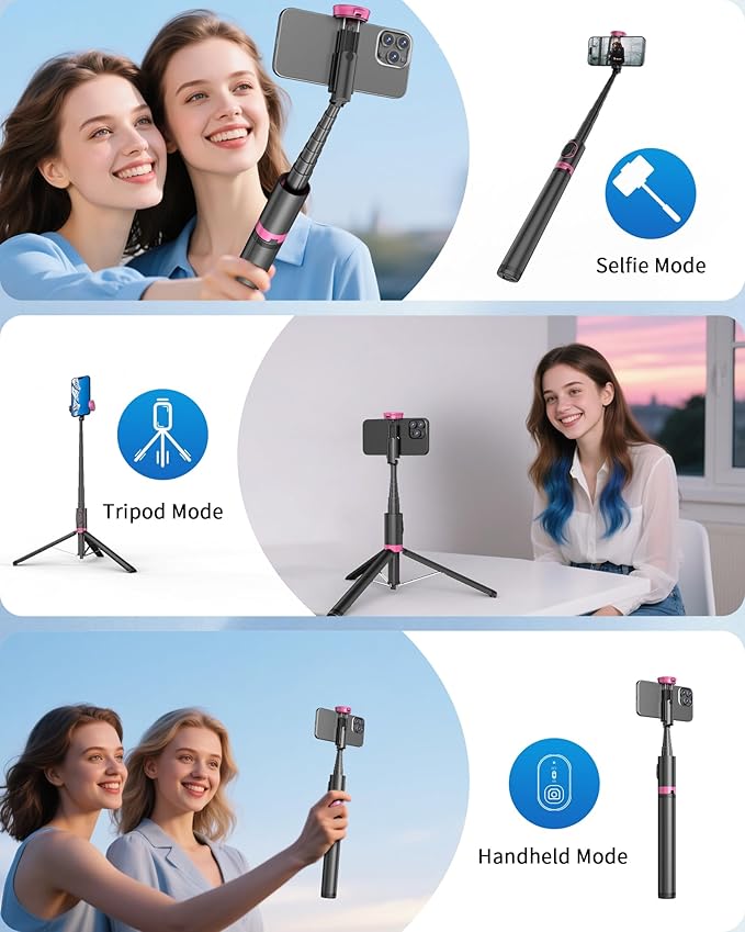 67" Selfie Stick Tripod, All in One Phone Tripod with Wireless Remote, Extendable Compact Tripods Portable Travel Stand for iPhone Android Selfie/Video Recording/Live Stream/Vlog