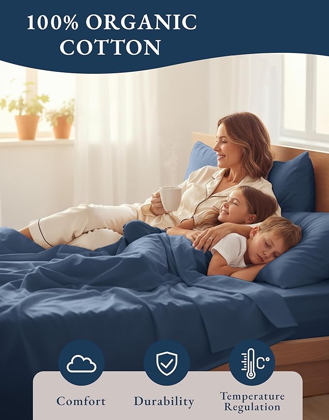 LANE LINEN 100% Organic Cotton Sheets for King Size Bed - Soft Percale Sheets, Breathable Luxury Hotel Style Machine Washable Fully Elasticized Mercerized 15" Deep Pocket King Sheet Set- Estate Blue