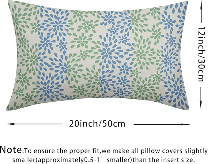 Blue Green Lumbar Pillow Covers 12x20 Set of 2 Modern Geometry Dahlia Floral Print Outdoor Decorative Linen Zipper Throw Pillows Cases Cushion Cover Rustic Decoration Farmhouse Sofa Couch Bed Decor