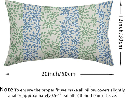 Blue Green Lumbar Pillow Covers 12x20 Set of 2 Modern Geometry Dahlia Floral Print Outdoor Decorative Linen Zipper Throw Pillows Cases Cushion Cover Rustic Decoration Farmhouse Sofa Couch Bed Decor