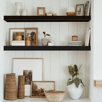 QEEIG Floating Shelves for Wall 35.4" Long - Wall Mounted Shelf Bathroom Kitchen Living Room Bedroom Farmhouse Home Decor Display Bookshelf Large 35.4 x 9.3 inch Set of 2, Black (008-90B)