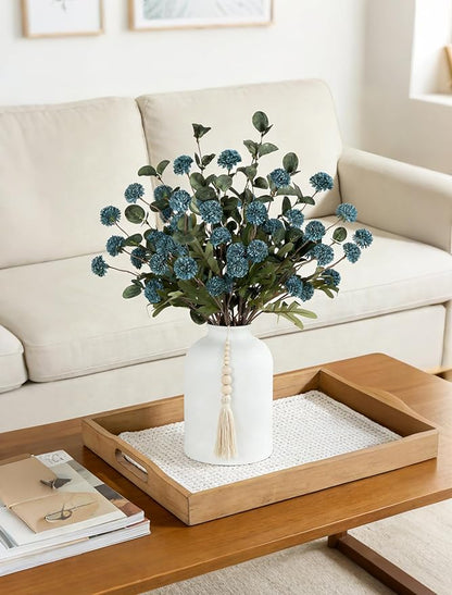 BLOSMON Blue Flowers Artificial for Decoration: Ceramic Vase with 12 Stems of Dusty Blue Flowers Fake Mums Kiku Eucalyptuses for Home Table Centerpieces - Faux Pom Poms Floral Arrangement Dining Room