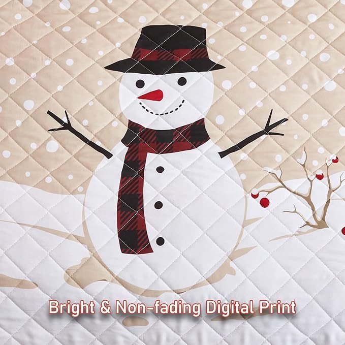 HZ & HY Christmas Oversized Bedspread King Size, Winter Snowman Pattern Bedding Quilt, Rustic Lodge Plaid Patchwork Comforter Set, Lightweight & Soft Microfiber, 3 Piece, King/Cal King
