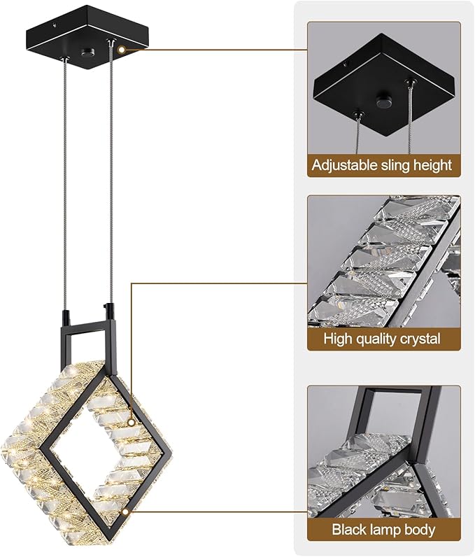Kitchen Island Mini Light Fixture Modern Led Crystal Pendant Light Black Square Chandelier for Dining Room Living Room Kitchen Bedroom Bar（1-Pack）