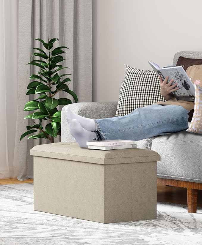 Storage Ottoman Bench, Folding Ottoman Foot Rest,15 x 30 x 15 Inches,End of Bed Bench,Storage Chest, for Living Room, Bedroom, Hallway, Entryway, Holds up to 600 lb (Sandy-Beige1, 30")
