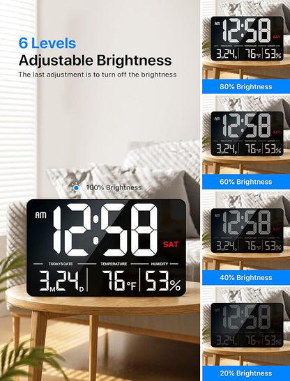 MASHI Digital Clock,13" Large Display Digital Wall Clock, Adjustable Brightness Calendar Clock with Day and Date,DST,Alarms,Humidity, Temperature for Desk, Wall Mounted, for Elderly