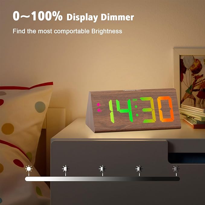 Wooden Digital Alarm Clock with Dual USB Charging Ports, DST, Dimmable, Snooze, RGB Colors, Modern Large Time Display LED Clock for Kids Bedrooms, Living Room, Desk, Table, Bedside, Nightstand (Brown)