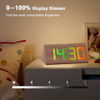 Wooden Digital Alarm Clock with Dual USB Charging Ports, DST, Dimmable, Snooze, RGB Colors, Modern Large Time Display LED Clock for Kids Bedrooms, Living Room, Desk, Table, Bedside, Nightstand (Brown)