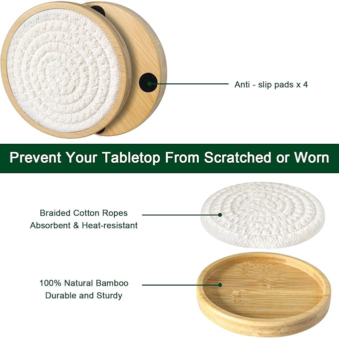 Bamboo Coasters for Drinks, Absorbent Coaster Sets of 5, Woven Drink Coasters for Coffee Table, Housewarming Gift for Farmhouse Home Decor,4 inches (White Series)