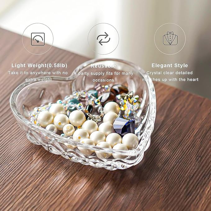 H&D HYALINE & DORA 5.1'' Crystal Jewelry Tray for Women, Heart Shaped Jewelry Plate Ring Dish, Clear Trinket Dish for Jewelry, Ring Dish for Birthday Friends Daily Family