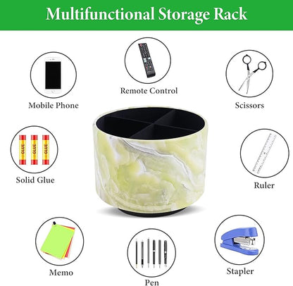 Round Leather Art Supply Organizer,Remote Control Holder,360-degree Rotating Pen Organizer with 4 Compartments(1-Marble Geen)