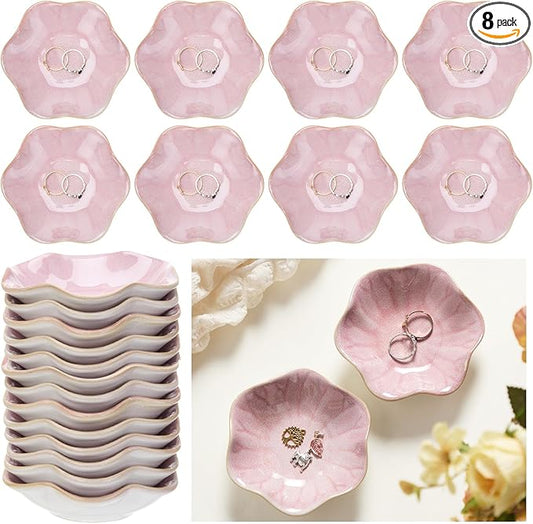 8 Pcs Ceramic Trinket Dish Lotus Leaf Jewelry Tray Small Ring Dish for Earrings, Rings, Jewelry Holder, Key Bowl(Pink)