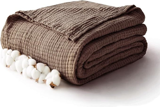 100% Cotton Muslin Blanket Twin 66" x 90", Breathable and Lightweight Cotton Twin Blankets for Couch, Soft Cooling Summer Gauze Blanket for Adults All Season, Tan
