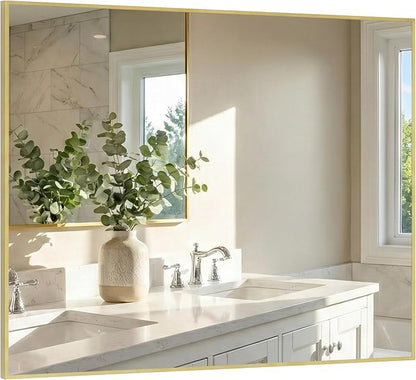 36"x48" Large Gold Bathroom Mirror, Metal Framed Vanity Mirror for Wall, Wide 48"x36" Rectangular Mirror Over Sink, Luxury Living Room Decor, Flush Mount