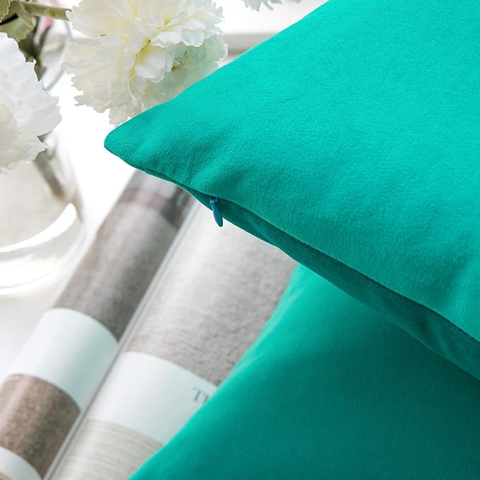 Phantoscope Pack of 2 Velvet Decorative Throw Pillow Covers Soft Solid Square Cushion Case for Couch Turquoise 18 x 18 inches 45 x 45 cm