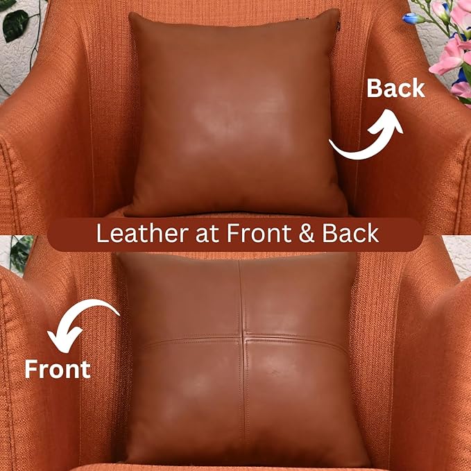 LL LEATHER LOVERS Lambskin Leather Pillow Cover, Hand Panel Stitched Leather Decorative Throw Pillow Covers for Couch Sofa Bed Living Room Garden (14x14 Inches, Brown Pack of 1)