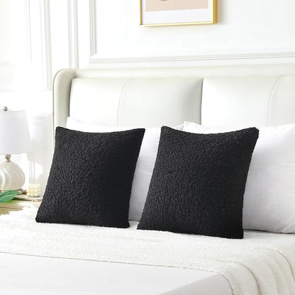 FUTEI Black Throw Pillow Covers 16x16 Inch Set of 2,Furry Faux Fur Teddy Boucle Textured Cushion Covers,Soft Fluffy Decorative Pillow Case,Home Decor for Couch Bed Living Room Office Car