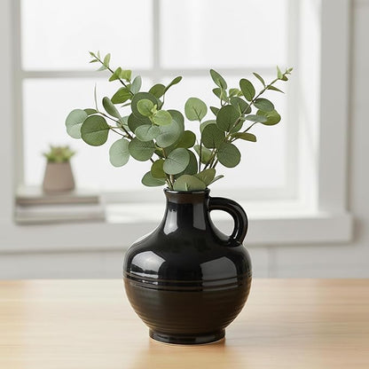 Sunddo Black Ceramic Vases Home Décor- 6 Inch Small Modern Decorative Vase with Handle, Black Decor, Table Mantle Fireplace Living Room Bathroom Wedding Centerpiece