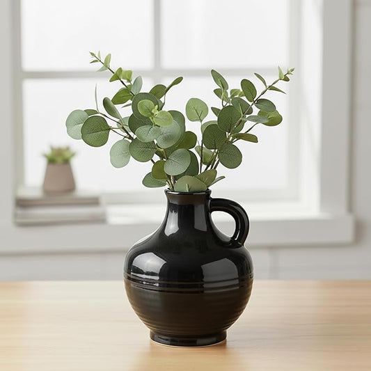 Sunddo Black Ceramic Vases Home Décor- 6 Inch Small Modern Decorative Vase with Handle, Black Decor, Table Mantle Fireplace Living Room Bathroom Wedding Centerpiece