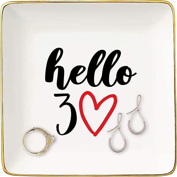 Hello 30 - Ceramic Jewelry Holder Ring Dish Trinket Tray - Funny 30th Birthday Gifts for Women Boss,Wife,Sisters,Bestie,Best Friends,Co-workers - Turning Thirty Present - 30 Years Old Gift