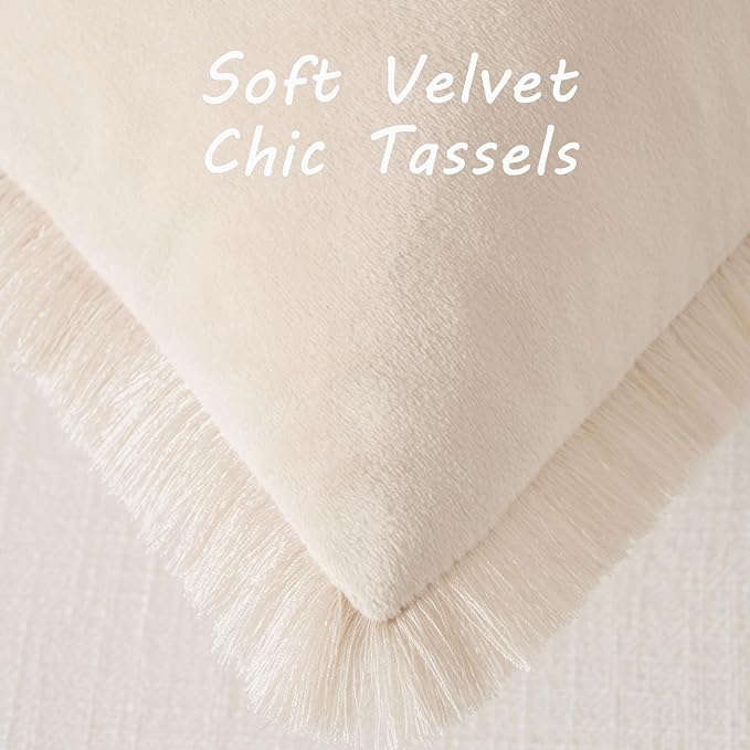 FUTEI Beige Velvet Decorative Throw Pillow Covers 12x20 Set of 2,Soft Cozy Edge with Tassels Lumbar Pillow Cases,Boho Modern Home Decor for Couch Bed Living Room