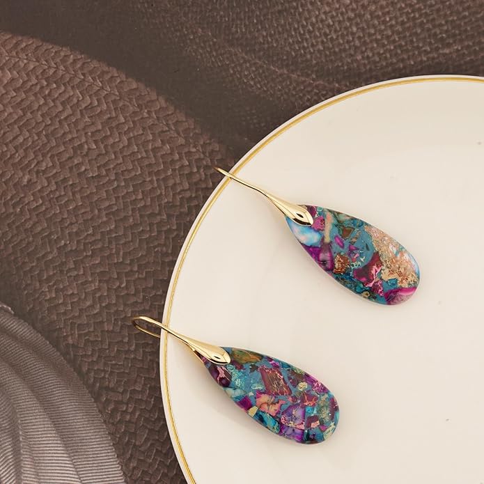 Natural Healing Stone Fishhoop Dangle Drop Earrings Statement Gold silver earrings