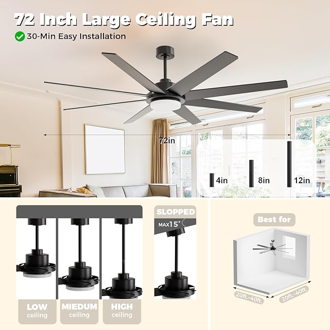 72 Inch Ceiling Fans with Lights and Remote Smart App, Indoor Black LED Big Ceiling Fan Reversible 24dB Quiet DC Motor, 6 Speed 3CCT Dimiable, Modern Ceiling Fans for LivingRoom Farmhouse Garage