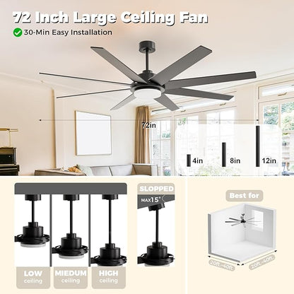 72 Inch Ceiling Fans with Lights and Remote Smart App, Indoor Black LED Big Ceiling Fan Reversible 24dB Quiet DC Motor, 6 Speed 3CCT Dimiable, Modern Ceiling Fans for LivingRoom Farmhouse Garage
