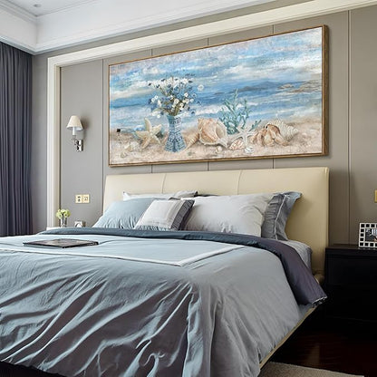Large Canvas Framed Wall Art for Bedroom Blue Ocean Theme Seaside Home Decor Flower in Indian Vase Beach Picture Coastal Landscape Abstract Seascape Artwork Sea View Painting Print 60" W x 30" H
