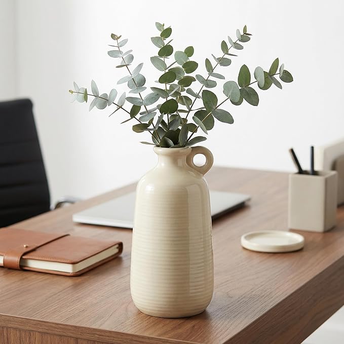 Sunddo Ceramic Flower Vase, 10 Inch Tall Modern Decorative Vase with Handle, Neutral Decor for Entryway, Living Room, Table Shelf, Bookshelf, Mantel Decor