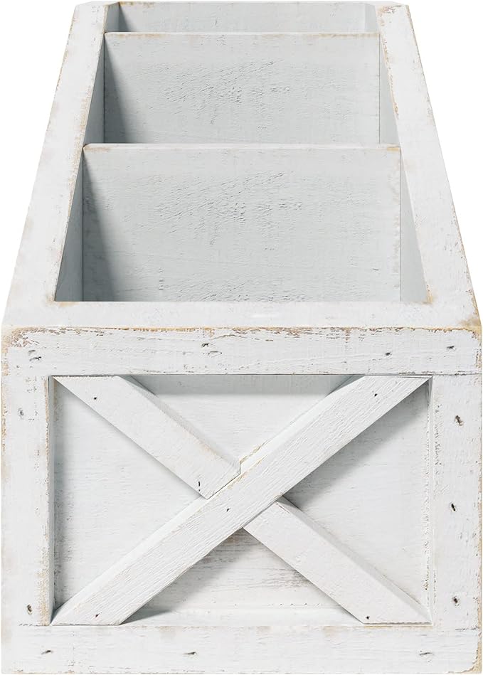 Barnyard Designs Rustic Vintage Wooden Desk Organizer Remotes Caddy Tabletop Desktop Office Supplies Desk Accessories Holder, 6.75" x 6.5” (White/White)