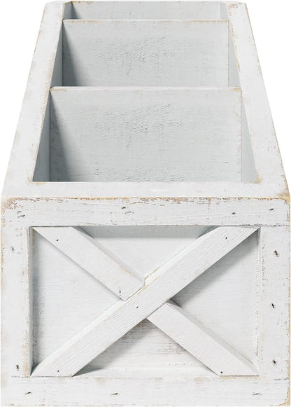 Barnyard Designs Rustic Vintage Wooden Desk Organizer Remotes Caddy Tabletop Desktop Office Supplies Desk Accessories Holder, 6.75" x 6.5” (White/White)