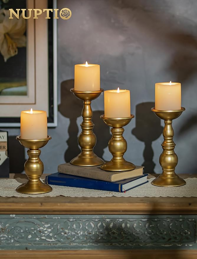 2 Pcs Gold Pillar Candle Holders, Gold Candlestick Most Ideal for 3" Pillar Candles, Gifts for Wedding, Party, Home, Spa, Reiki, Votive Candle (2 x L)