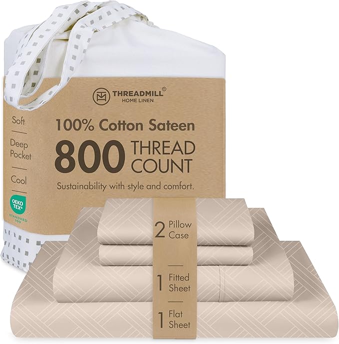 Threadmill Luxury Full Size Sheets for Full Size Mattress | 800 Thread Count Cotton Sheets | Jacquard Celine Light Beige | Better Than Egyptian Cotton| 4 Pc Bed Sheets | with Elasticized Deep Pocket