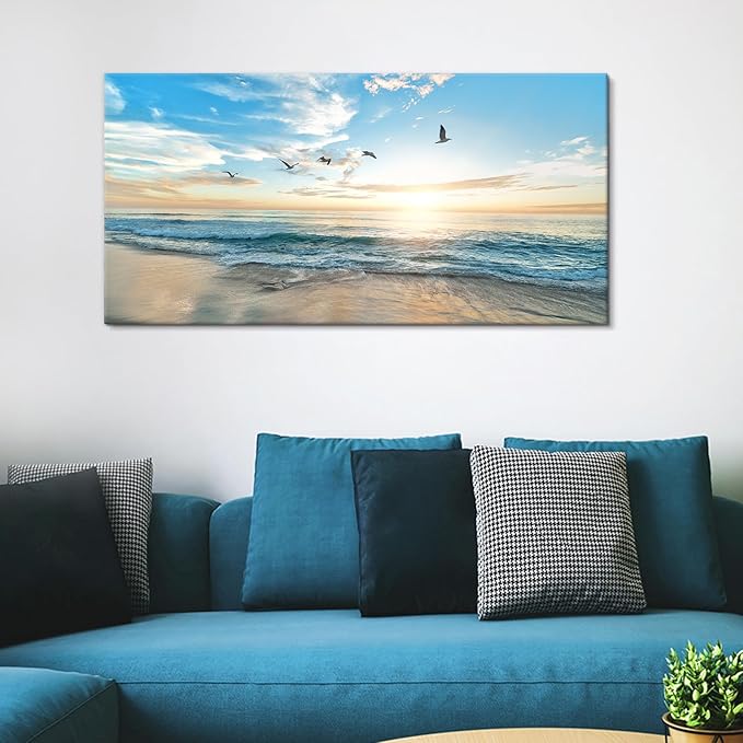 Goldfoilart Ocean Beach Sunset Canvas Wall Art for Bedroom Seagull Seascape Paintings Coastal Picture Framed Artwork for Bathroom Living Room Office Decor 20" x 40"