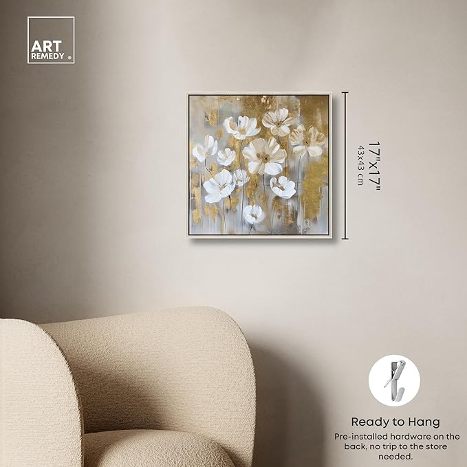 Art Remedy Golden Daisies Canvas Elegant White Gold Wall Art, Silver Frame, 16" x 16"