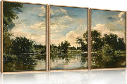 Large Natural Forest and Lake Framed Canvas Wall Art,Modern Countryside Wall Decor,Vintage Neutral Landscape Artwork,Rustic Antique Scenery Art Print for Living Room,Bedroom,Office- 16"x24"x3