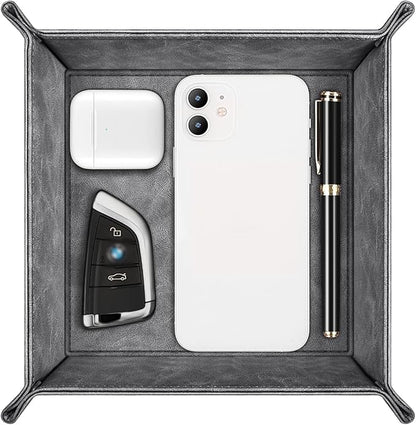 SITHON Valet Tray Desktop Storage Organizer – Premium PU Leather Catchall Bedside Vanity Tray Nightstand Caddy Holder for Remote Controller, Keys, Phone, Wallet, Coin, Jewelry (Gray)