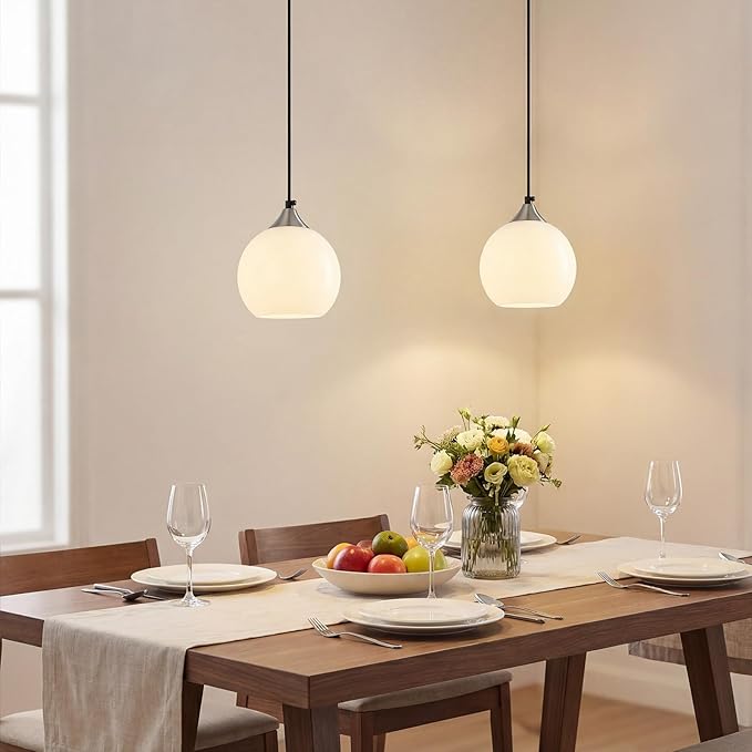 Milky Luster Glass Pendant Lights Kitchen Island Globe Pendant Light Fixtures Modern Pendant Lighting for Bedroom Living Dining Room Light Fixture (5.9 in, 3 Pack)